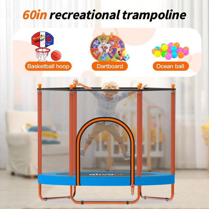 60'' Rebounder Trampoline Indoor Outdoor for Kids Ages 1-8, 5 FT Recreational Toddler Trampoline with Safety Enclosure Net Gifts with Basketball Hoop Dartboard Ocean Bal