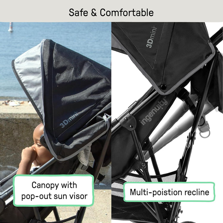 3D Mini Convenience Stroller – Lightweight Stroller with Compact Fold, Multi-Position Recline, Canopy with Pop Out Sun Visor and More – Umbrella Stroller for Travel and More, Gray