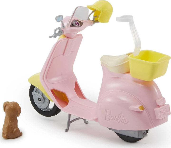 Toy Scooter with Puppy & Helmet Accessory, Pink & Yellow Moped with Basket, Kickstand & Seat Clip for Doll
