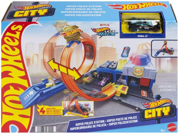 Toy Car Track Set, Super Police Station Playset with 1:64 Scale Die-Cast Vehicle, Adjustable Loop for Multiple Ways to Race & Stunt