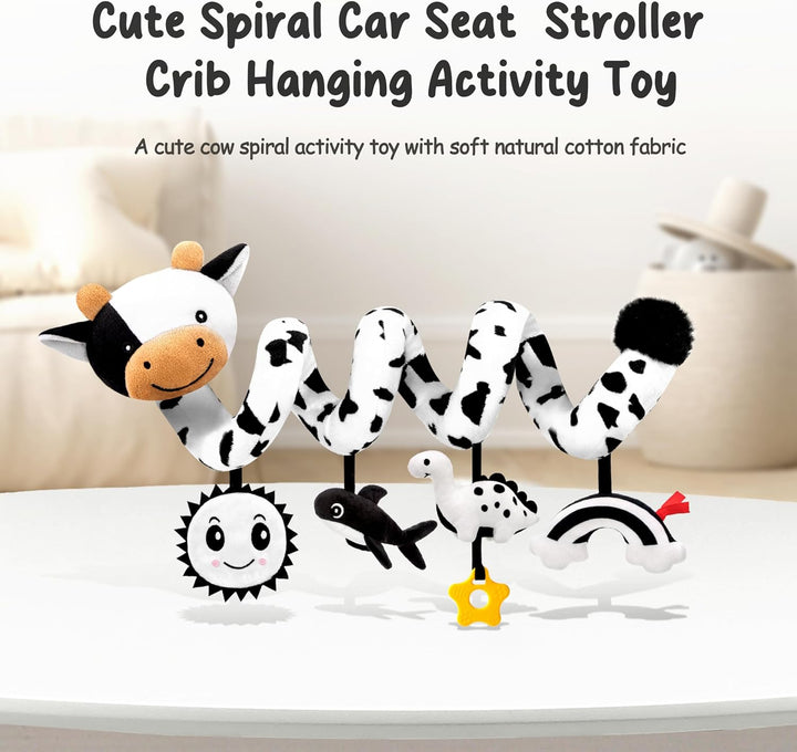 Spiral Car Seat Baby Toys 0-6 Months, Infant Carseat High Contrast Sensory Toys Hanging Stroller Accessories, Newborn Gifts for Baby Boys Girls Essentials, Cute Black and White Cow