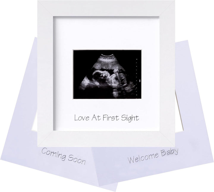 Ultrasound Picture Frame with Real Glass Cover and 3 Different Mats, 7X7 Baby Keepsake Frame for 3X4 Inches Sonogram Photo, Wall Mount or Tabletop Display, Pregnancy Announcement, White