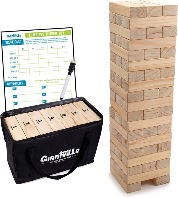 Giant Tumbling Timber Toy - Premium Pine Wood Life-Size Blocks Tower - Big Floor/Board Indoor/Outdoor Yard Game for Kids & Adults - 56-Pieces + Carry/Storage Bag - Grows to over 4-Feet