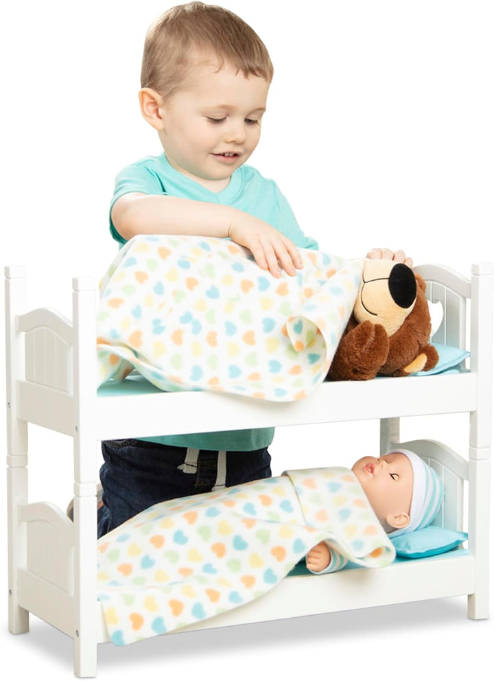 Mine to Love Wooden Play Bunk Bed for Dolls up to 18 Inches-Stuffed Animals - White (2 Beds, 17.4”H X 9.1”W X 20.7”L Assembled and Stacked)