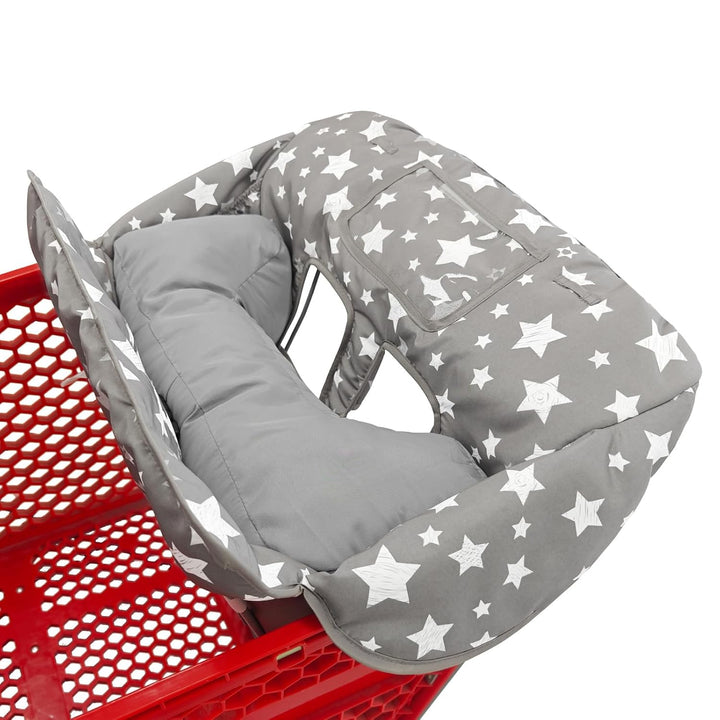 Soft Pillow Attached 2-In-1 Shopping Cart and High Chair Cover for Baby, Cotton Padded Cart Cover, Fold'N Roll Style, Portable with Carry Bag (Gray Elephant)