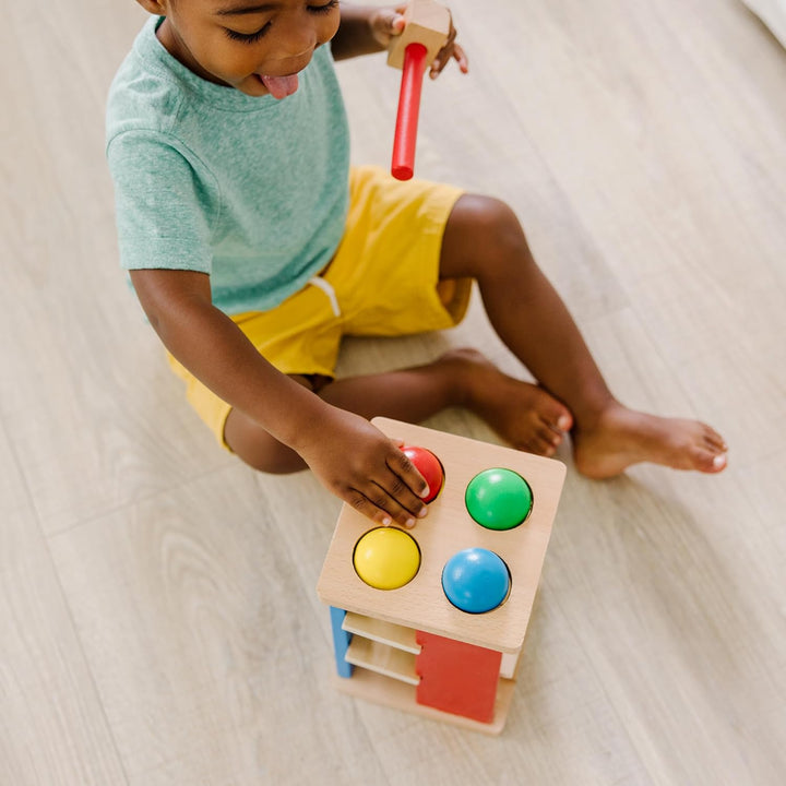 Deluxe Pound and Roll Wooden Tower Toy with Hammer, White