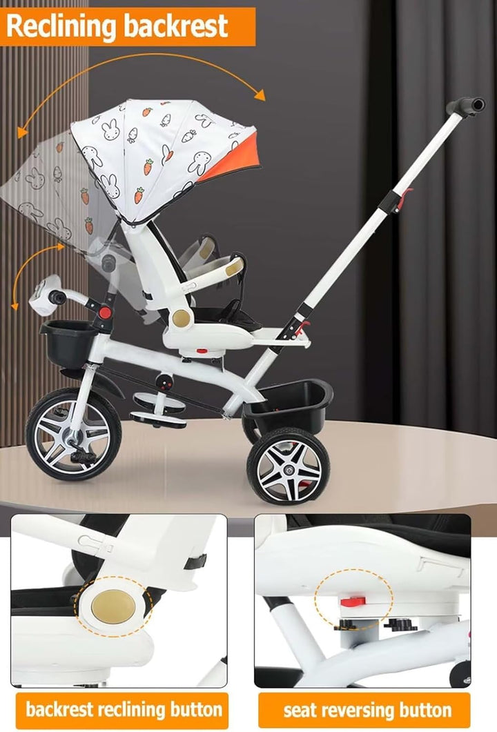 Reversible Seat Toddler Stroller Buggies,Children Stroller Pram with Canopy and Music Headlight,High Back Seat with Guardrail and Belt,Toddlertricycle with Parent Handle,Double Brakes (Black with Can