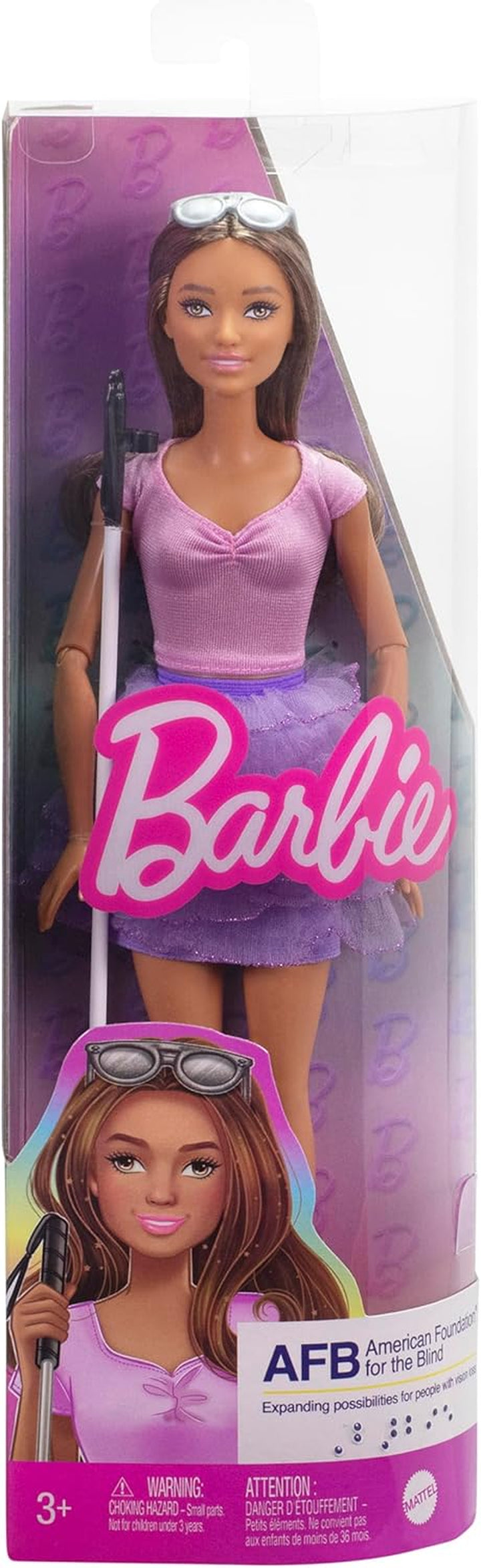 Fashionistas Doll #228, Blind Doll Wearing Pink Top and Ruffled Skirt with Cane and Sunglasses in Partnership with the American Foundation for the Blind