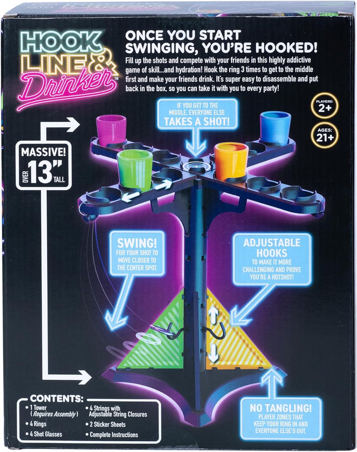Hook Line & Hydration Party Game – Fun Ring Toss Game for Adults | 13" Tower with Shot Glasses | Perfect for Parties, 2+ Players, Ages 21+