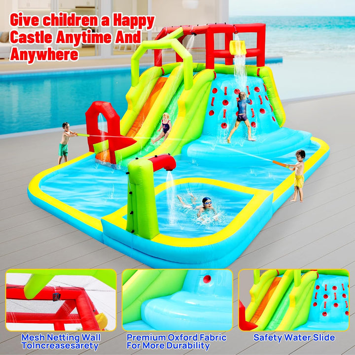 Inflatable Water Slide Park, Bouncy Castle with Deep Pool, 3 Inflatable Sport Balls and 4 Water Guns, Jumping Castle with Air Blower