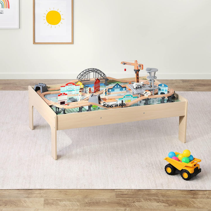 120 Piece Wooden Train Set with Table, Sturdy Tracks and Storage Bin, Multi-Activity, Kids Gift for Age 3Y+, 48.62 X 18.07 X 7.01 In