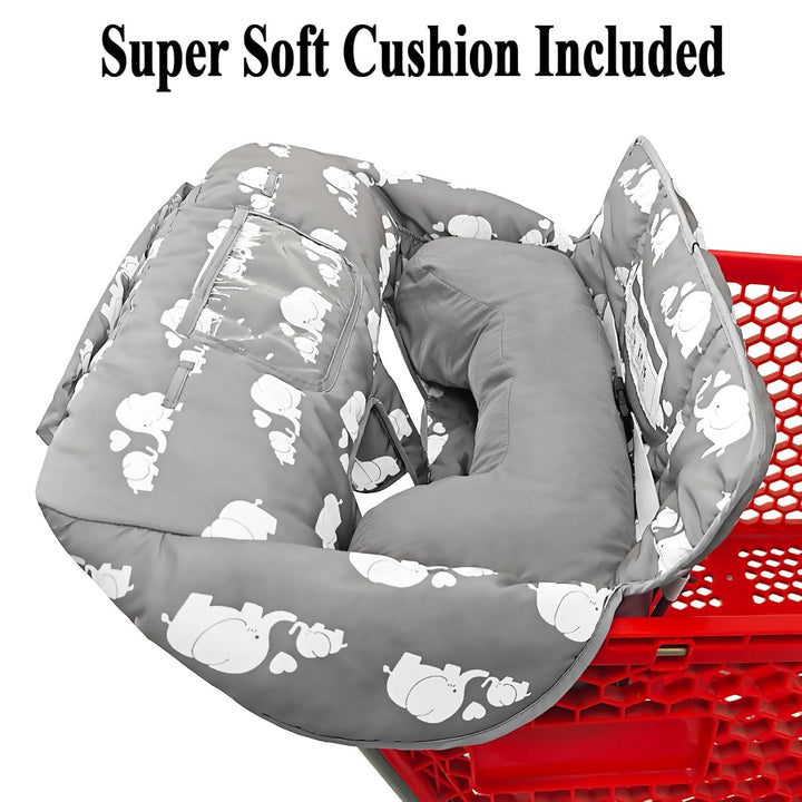 Soft Pillow Attached 2-In-1 Shopping Cart and High Chair Cover for Baby, Cotton Padded Cart Cover, Fold'N Roll Style, Portable with Carry Bag (Gray Elephant)