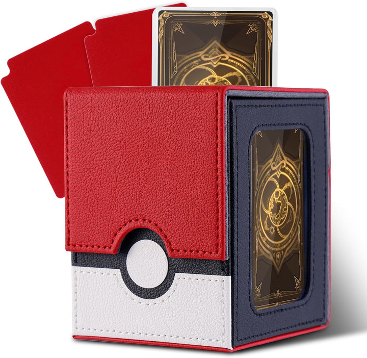 150+ Premium Deck Box Case for PTCG, MTG, Large Capacity with 2 Dividers, Fits 100+ Sleeved Cards TCG Trading Card Games(Vertical - Red & White)