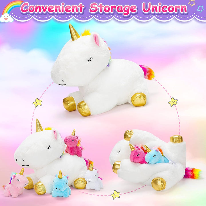 Toys for Girls Ages 3 4 5 6 7 8+ Years - Unicorn Mommy Stuffed Animal with 4 Baby Unicorns in Her Tummy, Soft Unicorn Plush Toys Set, Christmas Birthday Gifts for Baby, Toddler, Kids