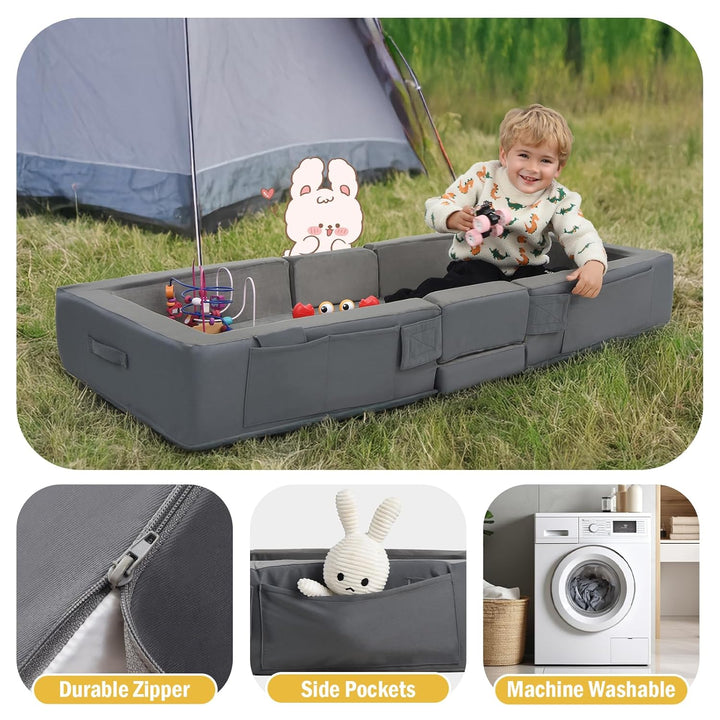 Toddler Travel Bed, Folding Floor Cot for Travel, Portable Kids Bed for Sleeping, Washable Toddler Cot for Children 18M – 5Yr Old, Grey