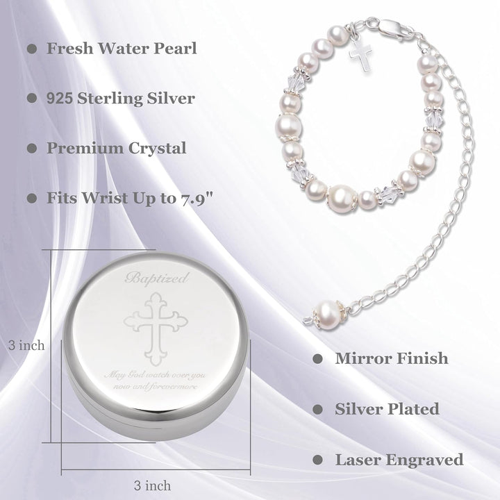 Baptism Bracelet in Sterling Silver and Cultured Pearls for Baby Girls, with Silver-Plated Jewelry Keepsake Box,Great Catholic Christening and Baptism Gifts for Girl