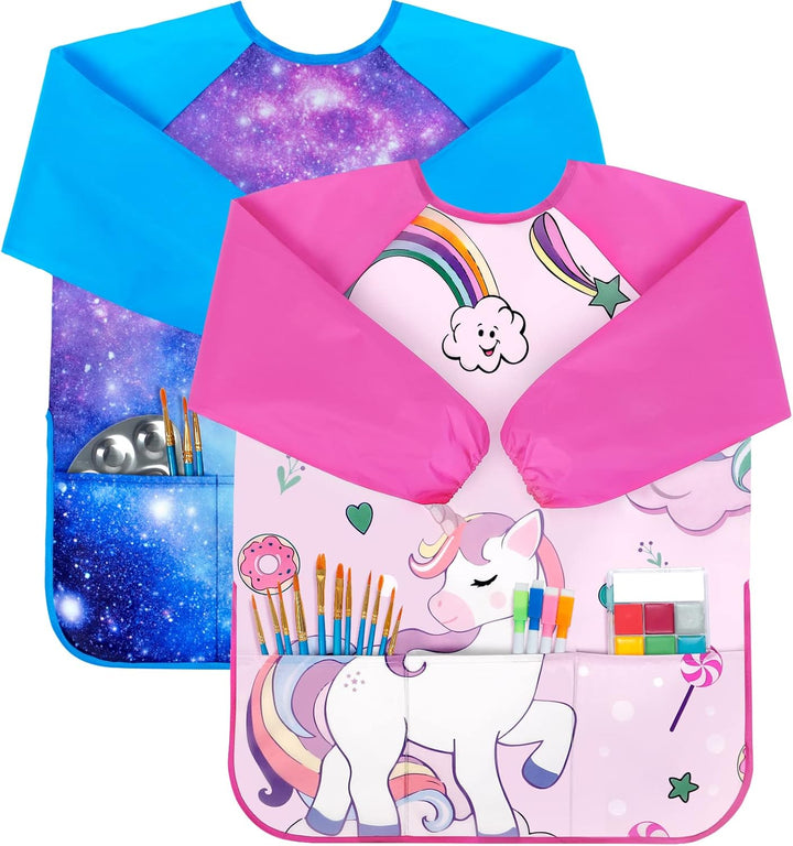 Smocks for Kids, Toddler Art Smock Artist Painting Aprons Waterproof Long Sleeve with 3 Pockets for Age 2-6 Years