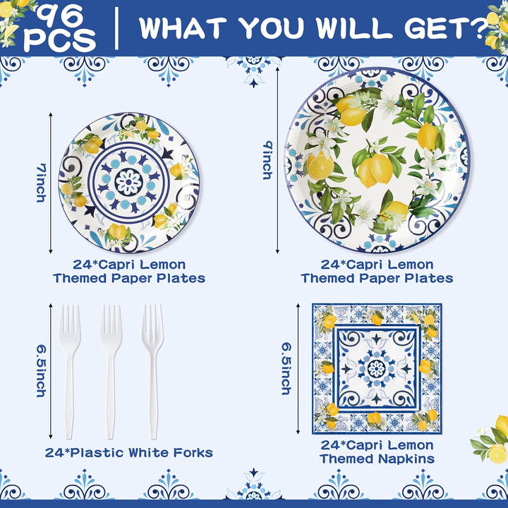 96Pcs Capri Lemon Party Plates Supplies Blue Tiles Yellow Lemon Party Tableware Decorations Summer Citrus Fruit Disposable Paper Plates Napkins Forks for Kids Birthday Baby Shower, Serves 24