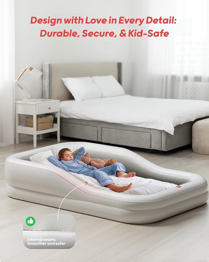 Inflatable Toddler Travel Bed with 3-Sided Safety Bumpers, Extra Large Kids Air Mattress, Includes Fast Electric Pump & Detachable Mattress, Portable for Camping, Travel, Home Use (Grey)
