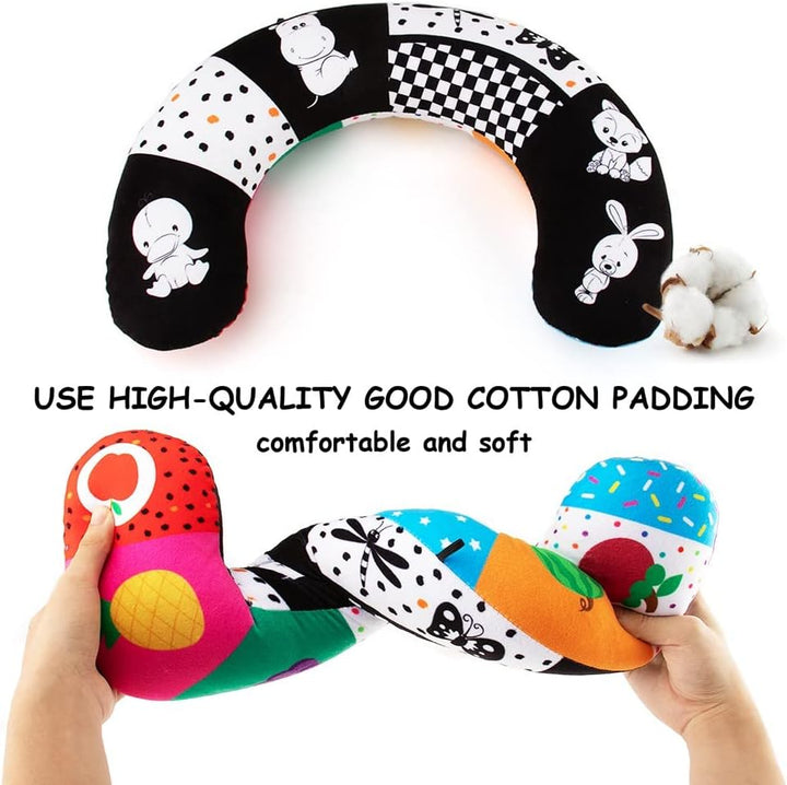 Tummy Time Pillow with Crinkle Mat & Teethers, Black and White High Contrast Baby Toys with Mirror, Montessori Sensory Crawling Toy for Infant Newborn Toddler Tummy Time Toys 0-6 Months Babies