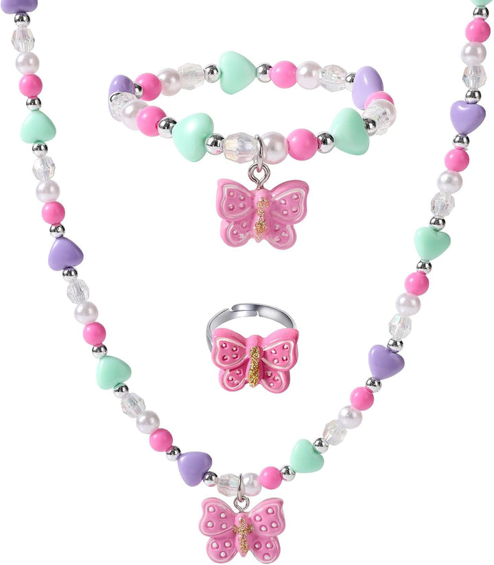 Girls Colorful Butterfly Jewelry Set - Toddler Butterfly Necklace Girls Pretend Plasy Toy Jewelry Box Set with Bead Necklace, Bracelet and Ring - Play Accessories - Ages 3+ Girl Birthday Gifts-Style 2