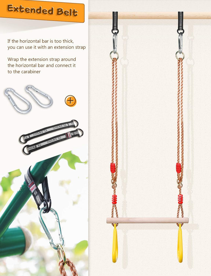 Trapeze Bar Swing Set Hanging Bar Rings for Kids 18" Wooden Swing Bar Heavy Duty Carabiner for Kids Backyard Outdoor Play