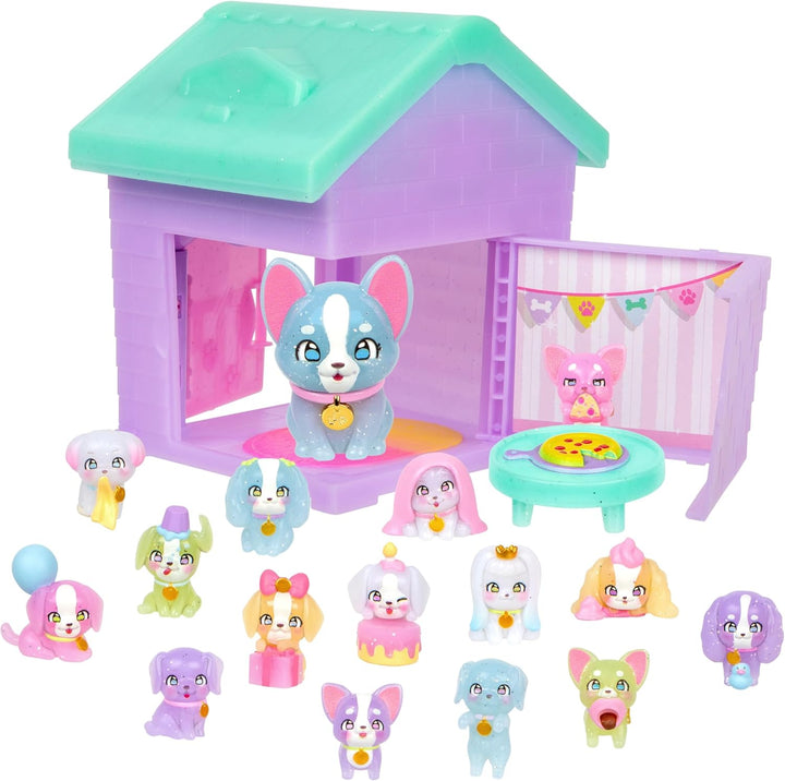 Dog House Playset, Mama Surprise Families Puppy Party Pack, 15 Mini Collectible Puppies, Fold-Out Dog Playset Toy Gift for Kids 5+