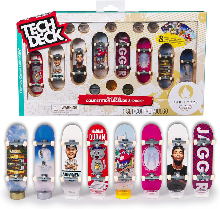 , Competition Legends 8-Pack Fingerboards with Collectible Cards, Olympic Games Paris 2024, Customizable Mini Skateboards, Kids Toys for Ages 6 and Up