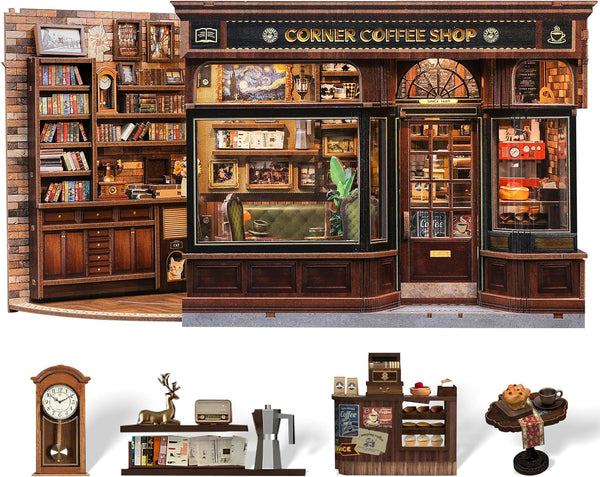 Book Nook Kit - DIY Miniature House Coffee Shop Dollhouse Kit for Adults and Teens, Booknook Tiny House Bookshelf Decor 3D Wooden Puzzle, Gifts for Family, Friends (Corner Coffee Shop)