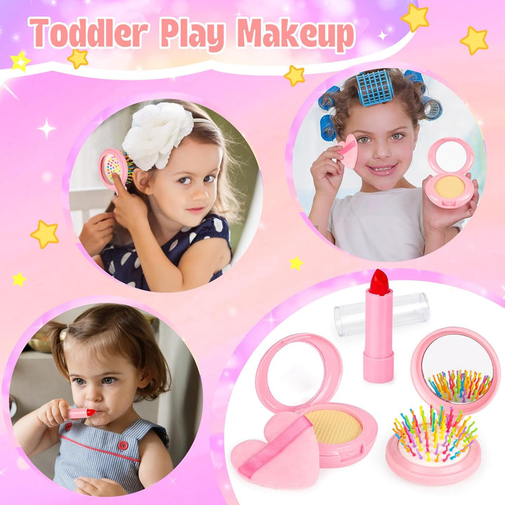 Play Purse for Little Girls, 35PCS Toddler Travel Purse with Handbag, Writing Tablet, Camera, Wallet, Fake Makeup, Girl Toys Includes Phone, Eye Mask, Pretend Play Toys for Girls Ages 3+