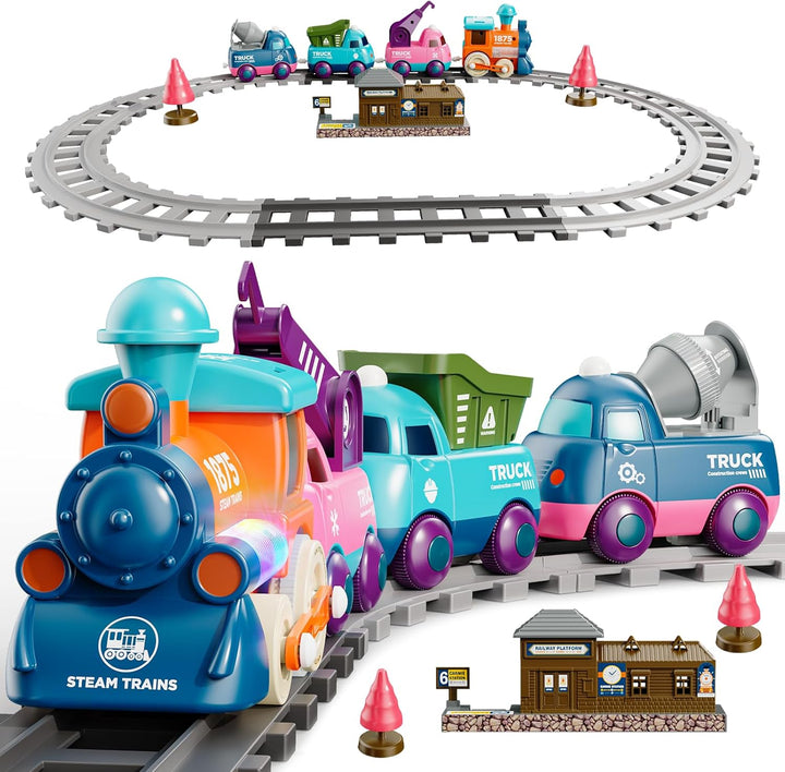 Train Set for Toddlers, Magnetic Train Toys for Toddlers 3+, 4Pcs Trucks Toy Train for Boys and Girls, Birthday Christmas Toy Gifts for 3 4 5 6 7 8 Years Old