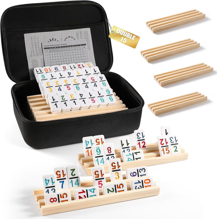 Mexican Train Dominoes Set with 4 Wooden Trays/Racks, Double 12 Dominos Travel Set with 4 Domino Tiles Holders, 91 Tiles Double 12 Colored Dominoes Game Set with Portable Case for Families Kids