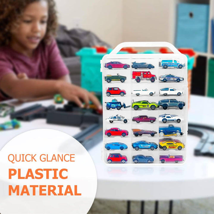 Double Sided Storage Case for 48 Toy Cars, Matchbox Cars, Portable Transparent Storage Case with 48 Compartments, Case Only (Transparent)…