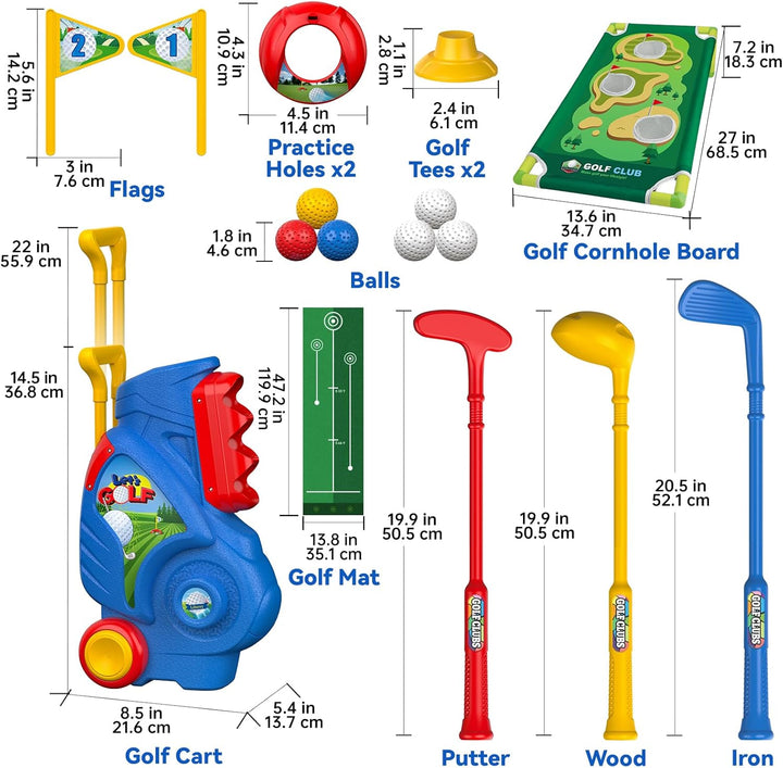 Toddler Golf Set for 2 3 4 5 Years Old Boys Girls, Upgraded Kids Golf Cart with Golf Cornhole Board & Putting Mat, Indoor and Outdoor Golf Toys Birthday Gift