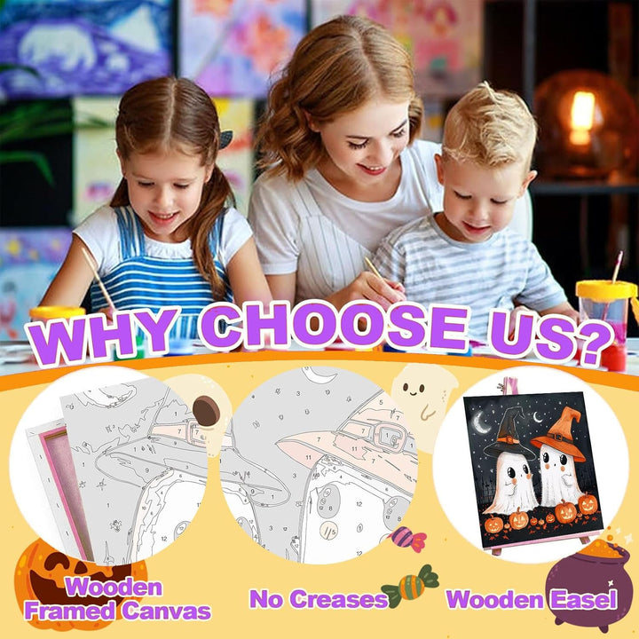 2 Pack Paint by Numbers Kit for Kids with Frame-Wooden Easel, Halloween Paint by Numbers for Kids Ages 4 8 12, Easy Halloween Acrylic Oil Painting Kits for Home Wall Decoration 8X8 Inch