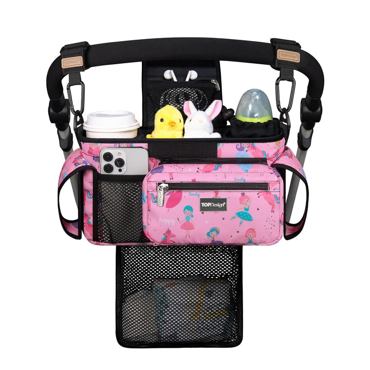 Universal Baby Stroller Organizer, Stroller Caddy with Detachable Mesh Bag & Heightened Insulated Cup Holders & Non-Slip Secure Hooks Accessories, Fits Most Strollers (Checkerboard)