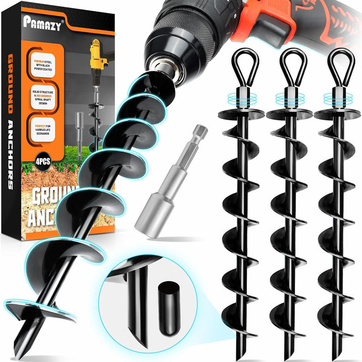 [Premium] 4 Pack Ground Anchors with Power Nut Driver Drill Bit, Ground Anchors Screw In, Swing Set Anchors, Trampoline Anchors High Wind Heavy Duty for Camping Tents, Car Ports, Swing Sets, Canopies