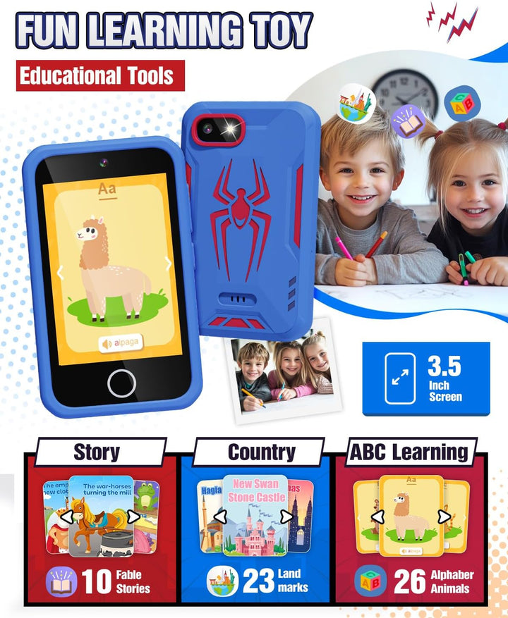Kids Smart Phone, Spider Toys Phone for Boys 3 4 5 6 7 8 Years Old, Dual Camera, 3.5'' Touchscreen Kid Phones, Educational Toy for Toddler Kids Christmas Birthday Gifts, ABC Learning, Habit Tracker