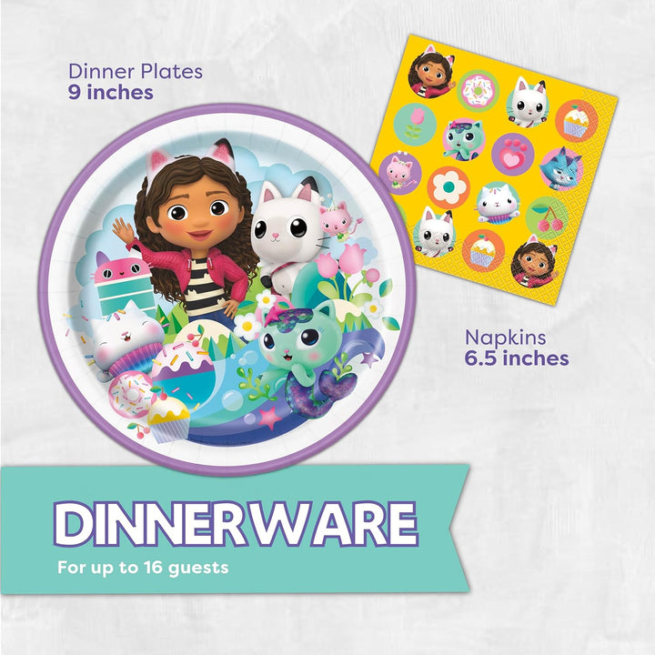 Gabby Dollhouse Party Decorations | Gabby Dollhouse Birthday Decorations | Tablecover, Plates, Napkins, Button | Serves 16 |