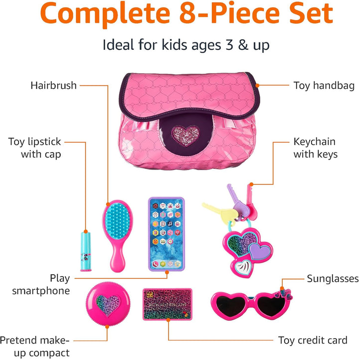 8-Piece Pretend Play Purse Toy with Accessories for Girls Ages 3 and Up, Handbag Gift Set Including Smartphone, Sunglasses, Makeup Compact, Keys and Credit Card, Pink