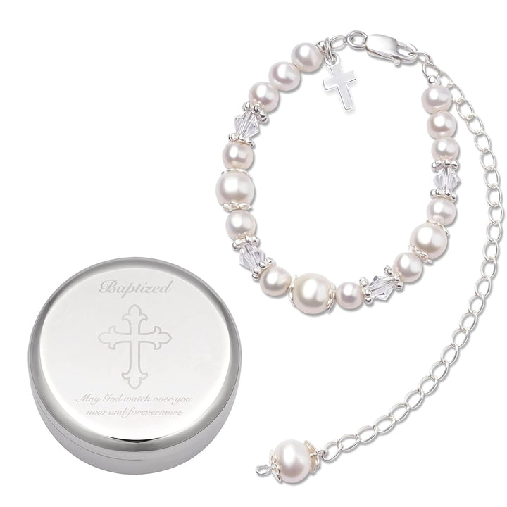 Baptism Bracelet in Sterling Silver and Cultured Pearls for Baby Girls, with Silver-Plated Jewelry Keepsake Box,Great Catholic Christening and Baptism Gifts for Girl
