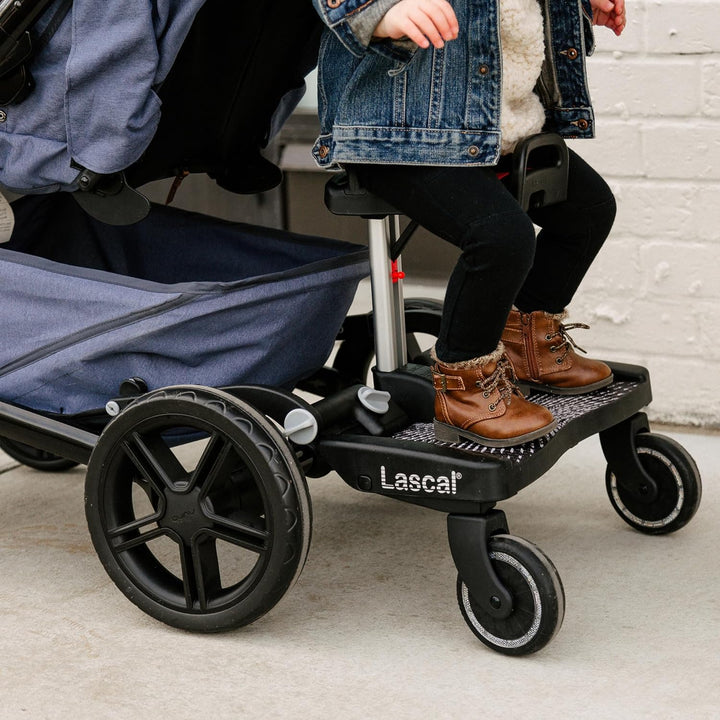 Buggyboard Maxi+ Universal Stroller Board with Gray Folding Seat, Fits 90% of Strollers Including Uppababy, Baby Jogger, Bugaboo, No Need for a Double Stroller, Max Weight 66 Lbs.