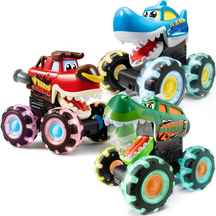 3 Pack Monster Truck Toy - Motion Activated Light-Up Cars for Toddlers - Monster Treads Lightning Wheels - Baby Toy Present - Press & Go Cars for Boys Girls Birthday Gifts