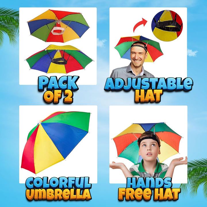 Umbrella Hat Pack of 2 - Colorful Party Hats - 20 Inch, Hands Free, Funny Rainbow Colorful Beach Party Hats, Adjustable Size Fits All Ages, Kids, Men & Women
