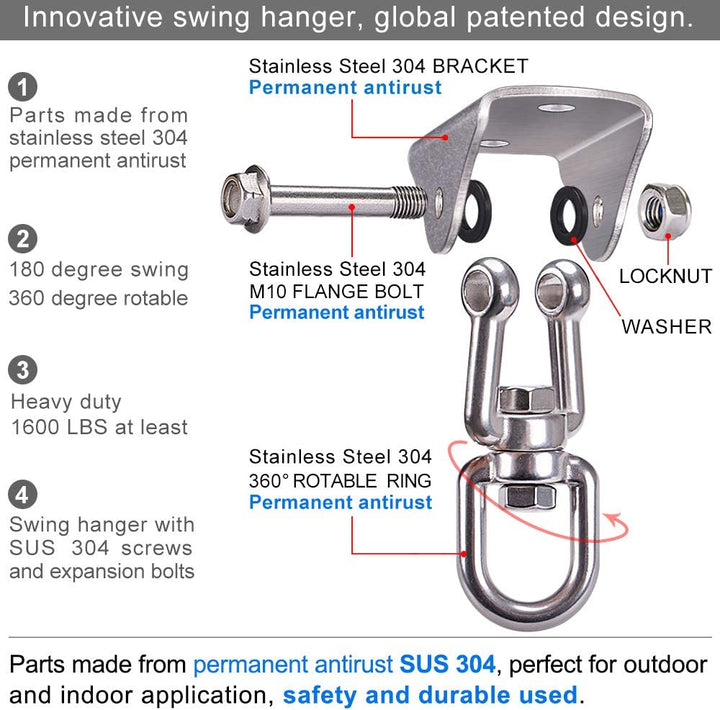 Stainless Steel Swing Hanger Heavy Duty Ceiling Swing Mount Free Swivel Swing Hook Swing Hardware Kit for Yoga Swing Hammock Chair Porch Swing Sets Heavy Punching Bag 1000 LB Capacity