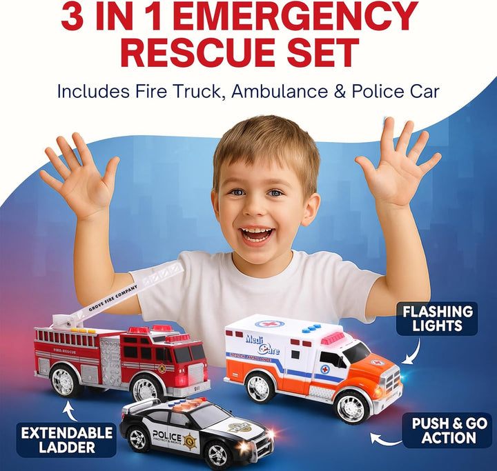 3-In-1 True Hero Emergency Rescue Vehicles Kids Toy Cars Playset - Ambulance, Fire Truck and Police Car with 3-Button LED Light and Sound Effects