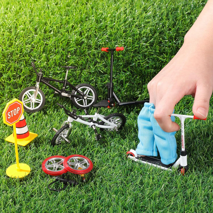 18 Pieces Finger Toy Set Including Alloy Finger Bikes, Finger Scooter, Finger Pants, Replacement Wheels, Bike Lock and Mini Tools Movement Party Favors(Black, White, Blue)
