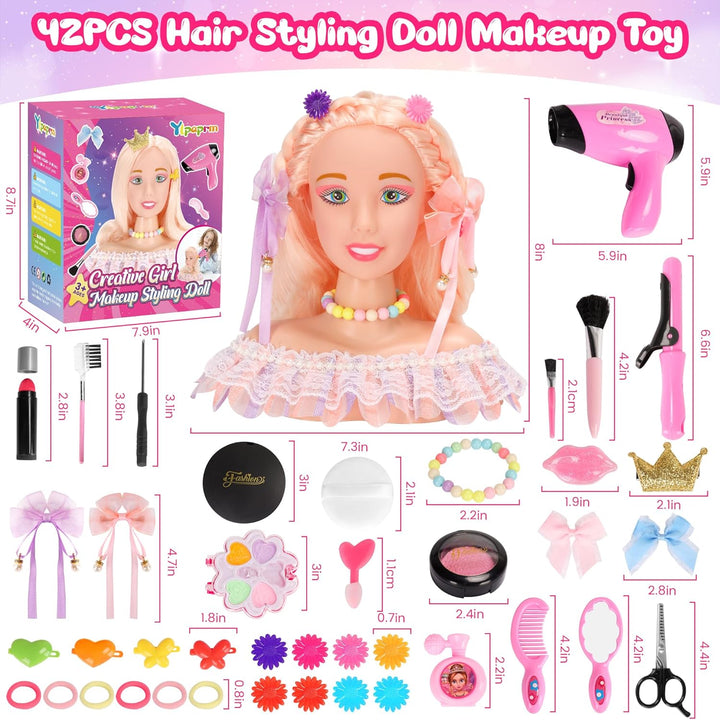 42PCS Pretend Play Hair Styling Doll Head Makeup Kit for Girl, Hair Makeup Salon Doll Toy Kid, with Hairdryer Curling Iron Eye Shadow Powder Hair Clip Set Birthday for 3+ Girl Year