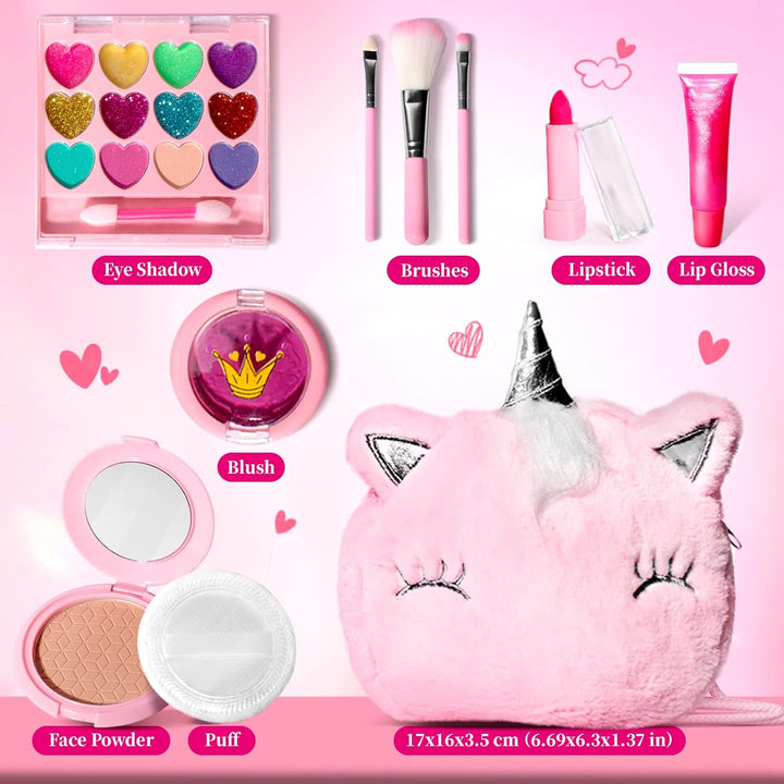 Kids Real Makeup Kit for Girls with Fluffy Purse - Real, Non Toxic, Washable Make up Toy - Umicorn Toys Gift for 3 4 5 6 7 8 Years Old Girls Birthday (Pink Umicorn)