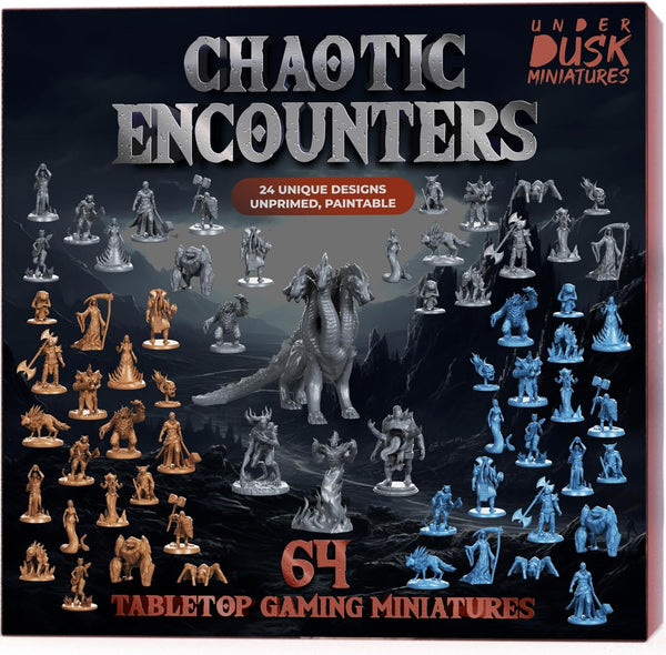 : Chaotic Encounters - 64 Unpainted Tabletop Miniatures for D&D, Pathfinder & Rpgs | Monster Figures Starter Pack with Stat Blocks